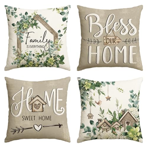 AVOIN colorlife Sweet Home Family is Everything Spring Floral Throw Pillow Covers, 18 x 18 Inch Seasonal Eucalyptus Flowers Cushion Case Decoration for Sofa Couch Living Room Home Decor Set of 4
