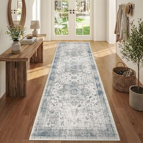 2'6" x 8' Blue Vintage Runner Rug for Hallways Kitchen