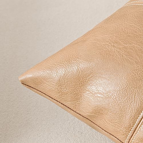 Fancy Homi 2 Packs Waterproof Faux Leather Tan Decorative Throw Pillow Covers 18x18 Inch for Outdoor Couch Bed, Taupe Modern Farmhouse Boho Home Decor, Plaid Hand Stitched Beige Cushion Case 45x45 cm