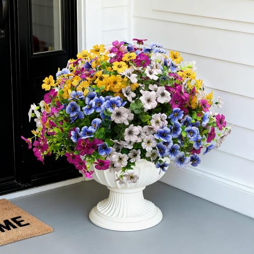 Artificial Fake Flowers for Outdoor UV Resistant,16 Bundles Silk Outside Plants Decoration for Hanging Planters, Daisy Eucalyptus Faux Flower Spring Summer Garden Yard Patio Balcony Home