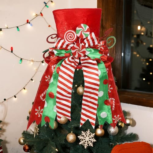 yofit Christmas Tree Topper Hat, Large Red Hat with Striped Bow Ribbon & Lollipop, Christmas Tree Decorations Top Hat, Desktop Ornaments for Home Xmas Holiday Winter Decor