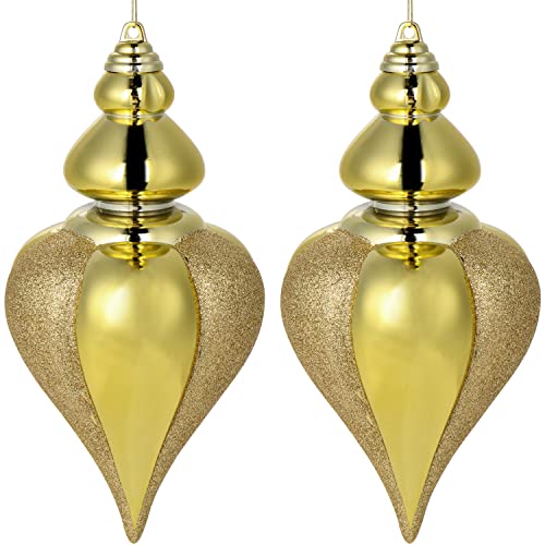 2 Pcs 9" Large Shatterproof Finial Drop Ornaments - Gold Christmas Big Ornaments Hanging Ball for Holiday Decorations
