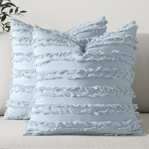 MIULEE Decorative Boho Throw Pillow Covers Set of 2 Light Blue Linen Striped Jacquard Pattern Summer Coastal Cushion Covers for Sofa Couch Living Room Bedroom 18x18 Inch