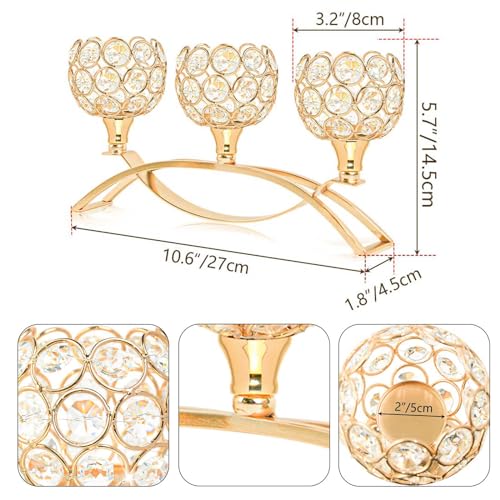 Crystal Tealight Candle Holder Centerpiece Home Decorative Candlestick Holder Elegant Table Centerpiece Home Decor Wedding Party Anniversary (Gold, 3 Arm)
