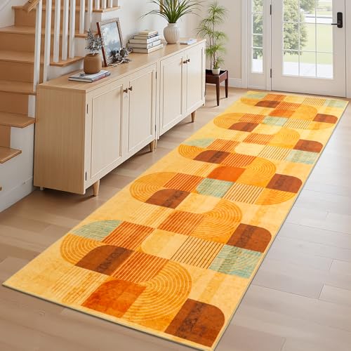 Washable Modern Geometric Hallway Runner Rug for Kitchen Orange 2x8