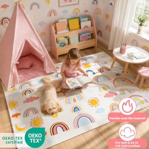 Rainbow Kids Rug 3'3" x 4'11", Soft Kid Area Rug, Large Washable Space Mat, Non-Slip Cute Rainbow Weather Kid Crawling Floor Mat for Living Room Playroom Classroom Bathroom(for Age 2+)
