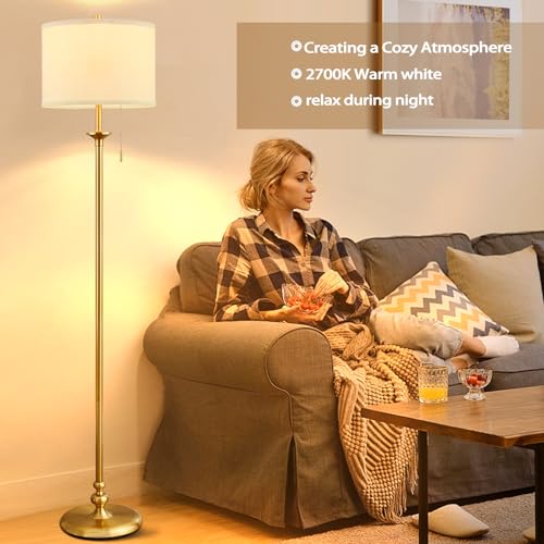 60" Gold Floor Lamp, Standing Lamp for Living Room, Bedroom, Office & Dining Room - Tall Corner Floor Lamps with Pull Chain Switch, Soft Lighting Farmhouse Design - Modern Floor Lamp (Bulb Included)
