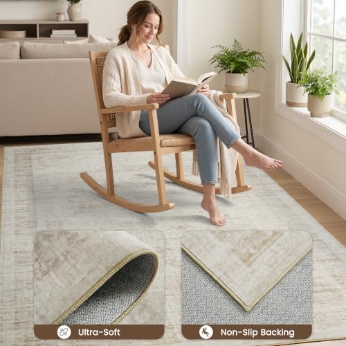4x6 Area Rugs for Living Room, Washable Rug Vintage Floral, Beige