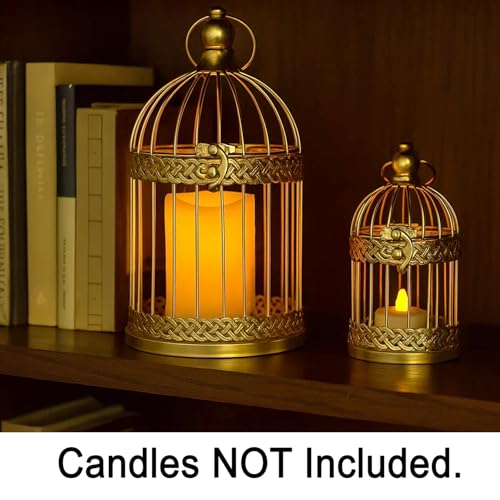 Vela Lanterns Decorative Indoor Bird Cage Candle Holder Set of 2, Gold