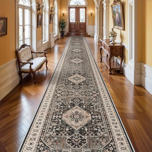 3x20 Washable Hallway Runner Rug - Hallway Rugs with Non Slip Backing Vintage Distressed Mats Soft Kitchen Carpets Extra Long Room Floor Carpet for Living Room Dining Room Bedroom (3x20, Black)