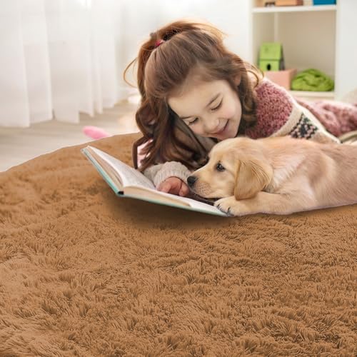 OLANLY Khaki Round Rugs for Bedroom - Machine Washable, 9 ft Circle Area Rugs for Living Room, Soft and Fluffy Shaggy Carpet for Teen Girl and Boys, Nursery Rooms, Dorms, Home Decor Aesthetic