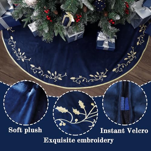Bunny Chorus Christmas Tree Skirt, 60 inches Large Velvet Fur Plush Blue Tree Skirt, Xmas Tree Skirts with Gold Embroidered Holly Leaf for Merry Christmas Party Christmas Tree Decorations