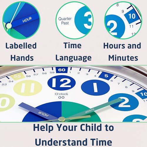 OWLCONIC Telling Time Teaching Clock - Bundled with Kids Watch. Learn to Tell Time Resources. Cool Marine Blue