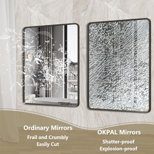 OKPAL 28X36 Inch Black Metal Framed Bathroom Mirror for Wall, Matte Black Bathroom Vanity Mirror, Black Rounded Rectangle Modern Mirror, Rustproof, Shatter-Proof (Horizontal/Vertical)