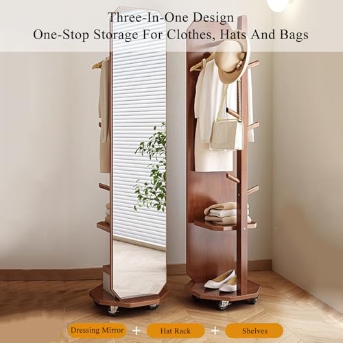 Floor-Standing Solid Wood Rotating Coat Rack，Full Length Mirror with Coat Rack 2 in 1 Floor Mirror and Coat Rack Solid Wood Frame Large Dressing Mirror for Living Room Bedroom Free Standing