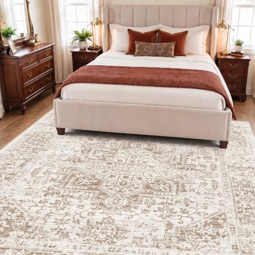 8x8 Square Washable Area Rug: Large Soft Indoor Living Room Rug Ivory Beige