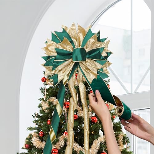 Green Gold Christmas Tree Topper, 40x13 Inches Toppers Bow with Glitter Satin Mesh Streamer and Patterned Ribbon, Christmas Tree Topper Bow for Christmas Home Decoration