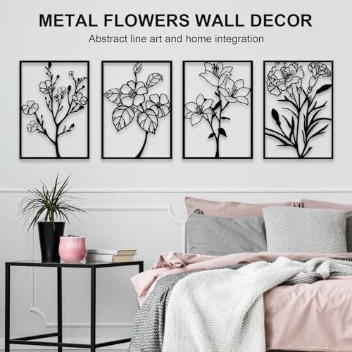 ZNZAPO 4 Pcs Black Metal Flower Wall Art, Abstract Line Art Wall Decor, Minimalist Floral Wall Hanging Art, 3d Wall Art Sculptures Decor for Living Room Bedroom Bathroom (11 × 15.7”)