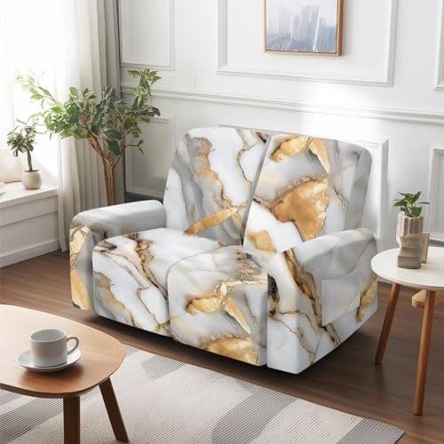 Reclining Loveseat Slipcover, White Gold Marble Crack Abstract Print 6-Piece Stretch Lazy Boy Sofa Covers, 2 Seat Loveseat Recliner Cover Thick Soft Washable