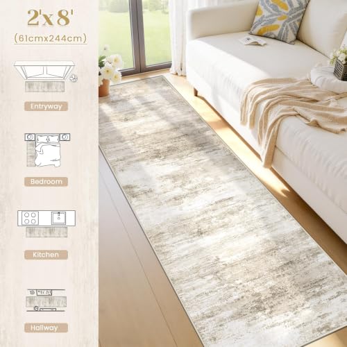 Washable 2x8 Runner Rug for Hallway: Kitchen Runner Non Slip Neutral Soft Abstract Modern Low Pile Stain Resistant Carpet Runner for Entryway Bedroom Bathroom Laundry Indoor Floor (Beige, 2'x8')