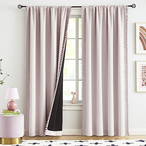 Pink Blackout-Curtains for Bedroom Pom Pom Thermal Insulated 100% Full Blackout Curtain Panels for Girls Baby Nursery Room 84 inch Energy Efficient Window Drapes for Kids 52"w x2 Panels Rod Pocket