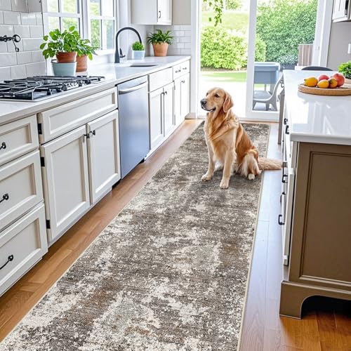 3x15 Ft Long Hallway Runner Rug – Non-Slip Washable Wide Kitchen Runner | Modern Abstract Floor Carpet for Indoor Entryway, Bedroom, Living Room (Brown Beige,3x15)