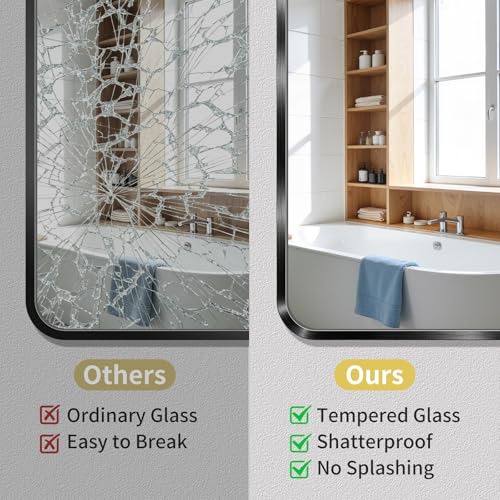 Koonmi Bathroom Mirror, 30X36 Inch Black Metal Framed Mirror for Bathroom, Tempered Glass, Anti-Rust, Rounded Rectangle Mirror for Restroom, Bedroom, Black