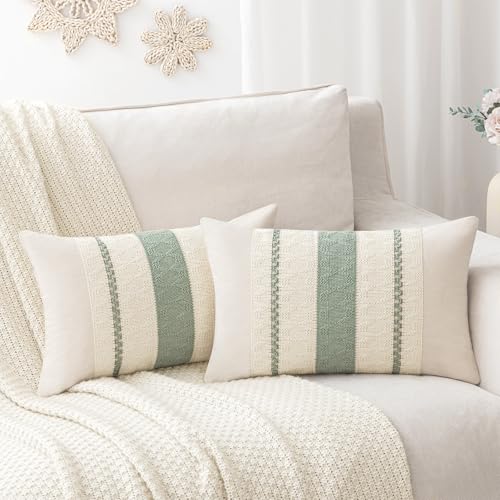 Laolitou Set of 2 Boho Throw Lumbar Pillow Covers 20×12, Rustic Farmhouse Cotton Linen Soft Sage Green Decorative Pillow Cover for Living Room Sofa Bedroom Couch Cushions Home Decor