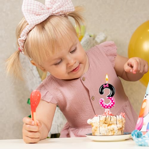 3rd Pink Black Birthday Candles for Girls，Number Birthday Decorations for Girls，Pink Mouse Cake Topper Cupcake Decor，Cartoon Themed Birthday Party Decorations Supplies