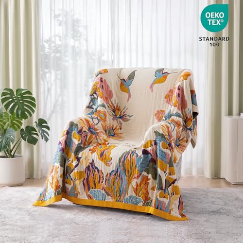 MSGKV Boho Throw Blanket for Couch and Sofa 50"x60" Cotton Throw Cover for Living Room with Floral and Butterfly, Summer Breathable&Lightweight Blanket