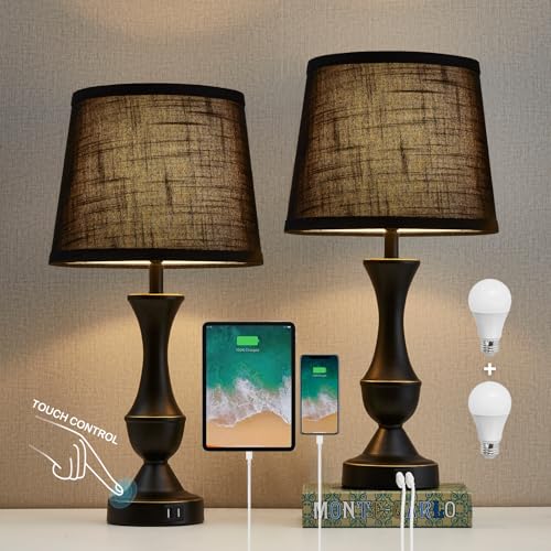 Black Touch Table Lamps Set of 2, 22" Tall Bedside Lamps with USB C+A Charging Ports, Nightstand Lamps for for Bedroom, Living Room, Office, with Black Lampshade, LED Bulb Included