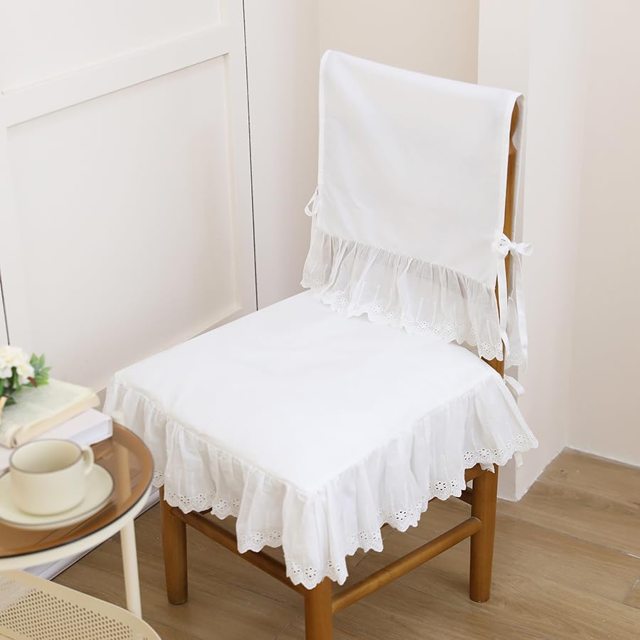 Farmhouse Ruffled Lace Chair Cover Set (1 Back Cover + 1 Seat Cover), White Dining Chair Protector with Lace Trim for Kitchen, Wedding Decor (18 Inch)