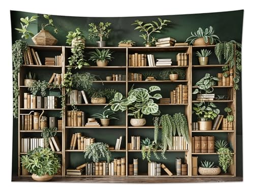 HVEST Green Plant Bookshelf Tapestry Book on Bookshelf and Plant Potted Tapestry Wall Hanging Reading Wall Art Decor for Study Room Bedroom Living Room College Dorm, 40L x 60W Inches