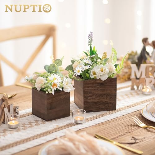 NUPTIO Wooden Box for Centerpiece Wedding: 6 Pcs Rustic Square Planter Box for Christmas Table Fall Decorations - 4×4" & 5×5" Small Wood Vases Flower Pots for Windowsill Home Garden Decor