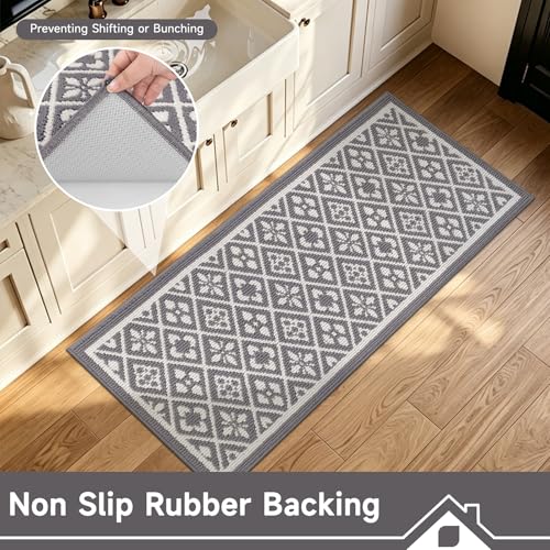 Hallway Runner Rug 2x6 ft,Washable Indoor Grey Carpet with Non Slip Rubber Backing,Low Pile Durable Kitchen Floor Mat for Laundry Entryway Door & High Traffic Areas