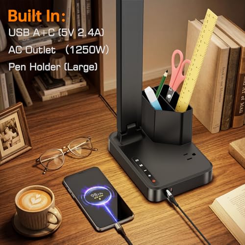 LED Desk Lamps for Home Office, Modern Dimmable Eye Cariing Desk Light with USB Charging Ports AC Outlet, Pen Holder,Touch/Memory/Timer, Kids Small Table Lamp for Reading, Bedroom, Study, Craft