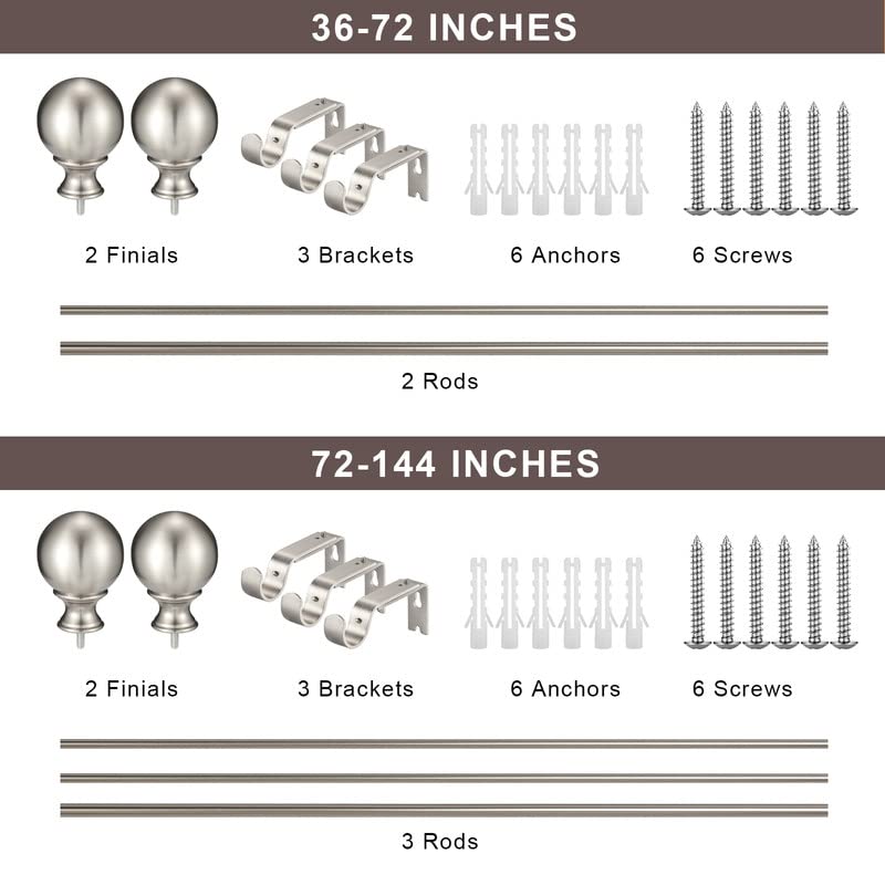 Brushed Nickel Curtain Rods for Window 36 to 72 Inch, Adjustable 1-Inch Thicken Single Drapery Rods, Telescoping, Decorative Round Finial