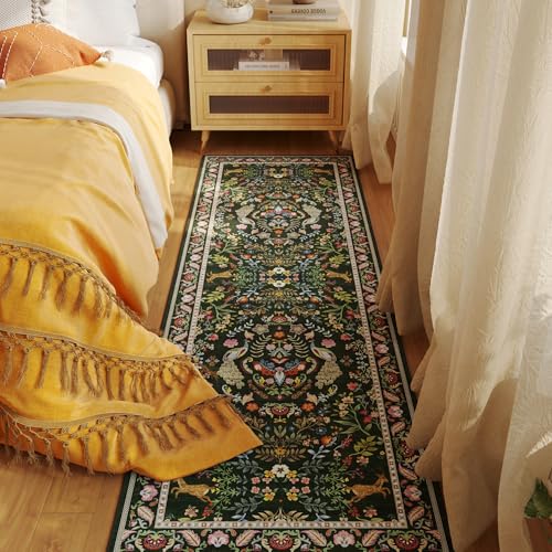 Rugcomf Runner Rug 2x6 Floral Washable Non Slip, Emerald Green