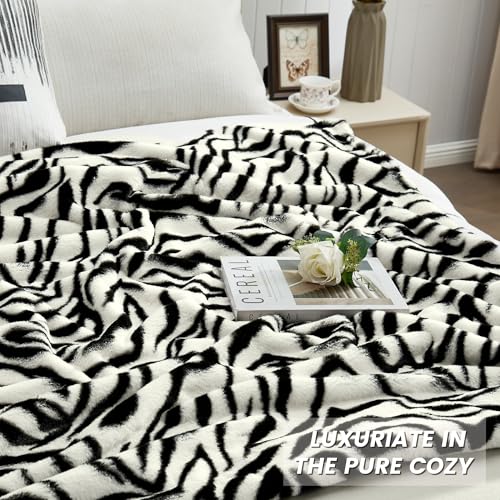 JONIYEAR Soft Fluffy Zebra Print Faux Rabbit Fur Throw Blanket 50" x 60", Luxury Cozy Shaggy Fuzzy Blankets, Reversible Cute Warm Animal Printed Blanket for Women Winter,Washable,Cream White and Black