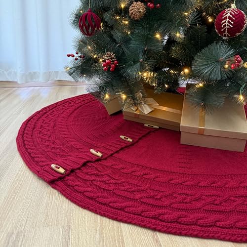 72-Inch Cable Sweater Knit Christmas Tree Skirt with Wooden Toggles, Burgundy