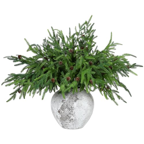 Yinder Xmas Norfolk Pine Branches with Pine Cones Norfolk Pine Artificial Xmas Branches for Xmas Indoor Outdoor Home Decor(16 Pcs)