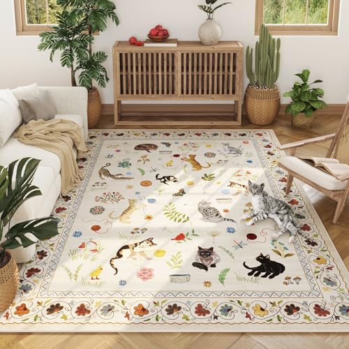Rugcomf Large Area Rug 8x10 Washable Non Slip Floral Animal Cat, Beige