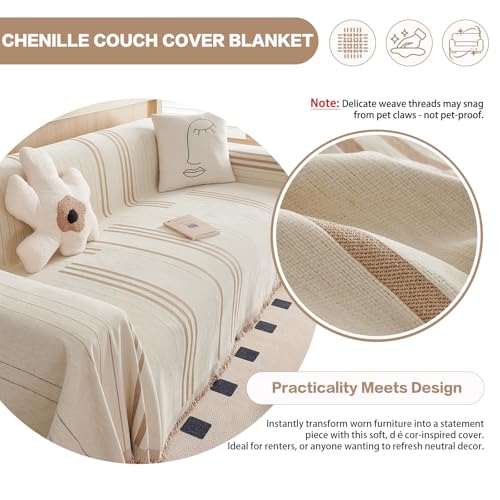 DREAMINGO Couch Cover Reversible Chenille 3 Seat Sofa Covers for Pet Kids Beige Coffee Couch Protector for 3 Cushion Couch Sofa Vertical Stripe Jacquard Sofa Slipcover Sectional, 71"x134"