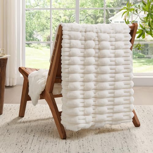 BEDELITE Faux Fur Cream Throw Blanket for Couch - Super Soft & Cozy Plush Striped Blanket for Sofa and Room Decor, Luxury Fluffy All-Season Blankets Gift for Women, Men, Mom, Dad, 50x60 inch, Cream