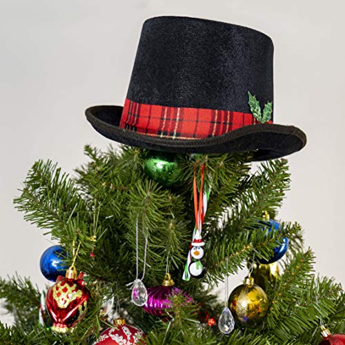 Ornativity Snowman Hat Tree Topper - Snow Man Top Hat Christmas Tree Top Decorations Costume Dress Up with Plaid Red Ribbon and Mistletoe Holly and Berry Xmas Holiday Decor