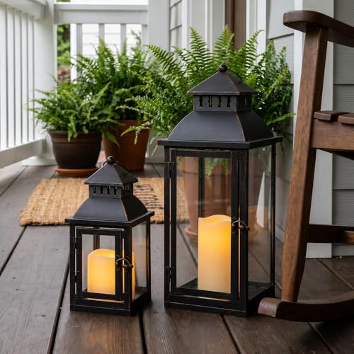 NEEDOMO Lanterns Decorative Outdoor&Indoor, Set of 2 Large Bronze Metal Lantern Decor with Glass, Candle Holder for Porch, Patio, Garden, Balcony, Wedding, Table Centerpiece Decor with LED Candles