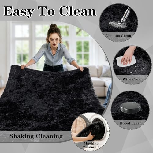 8x10 Area Rugs for Living Room: Soft Black Fluffy Rug Shag Washable Rug Plush Fuzzy Indoor Carpet for Bedroom Nursery Playroom Girls Boys Kids Room (Black, 8'x10')