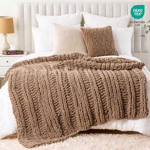 Battilo Chunky Knit Throw Blanket for Couch, Hand Made Chenille Throw Blanket, Super Soft Warm Cozy Taupe Blanket for Bed, Sofa, Living Room, 50"x60"
