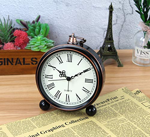 Retro Metal Table Clock Battery Operated Non-Ticking Silent Quartz Table Desk Small Alarm Clock Desk Clock for Kids Bedroom Living Room (Roman-550-15)