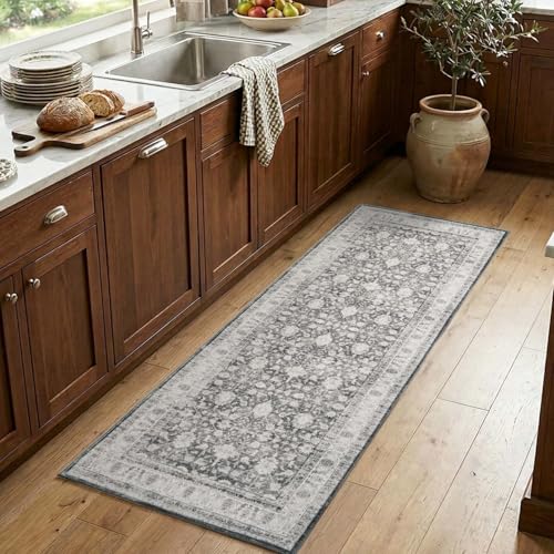 jinchan 2x6 Vintage Floral Runner Rug, Washable Non Slip, Grey